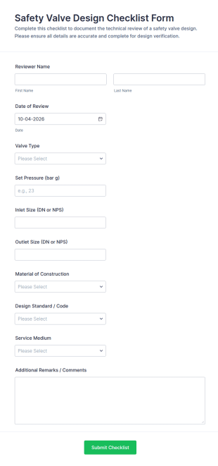 Safety Valve Design Checklist Form Template
