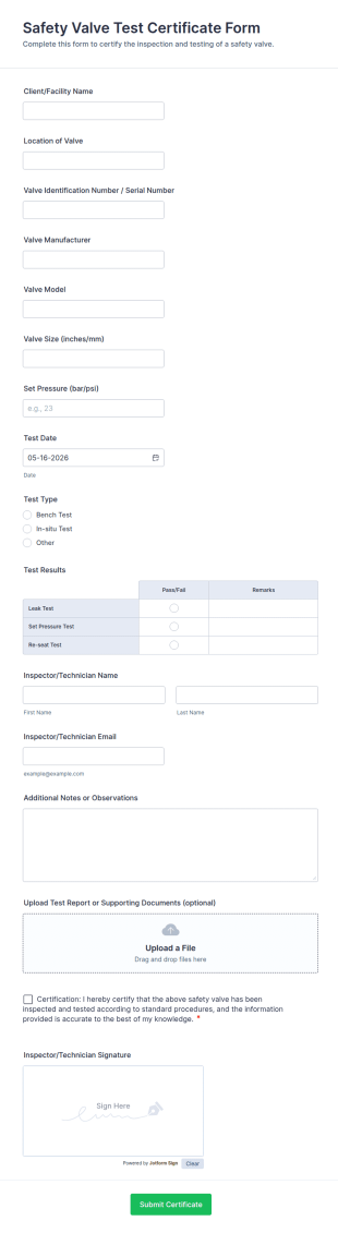 Safety Valve Test Certificate Form Template