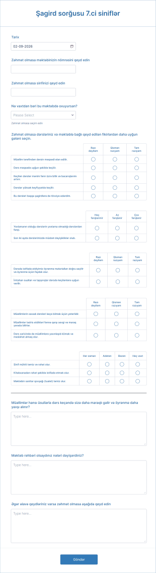 Şagirdlər üçün Sorğu 7.ci Siniflər Form Template