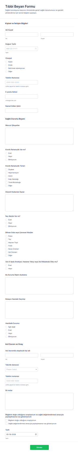 Sağlık Beyan Form Şablonu