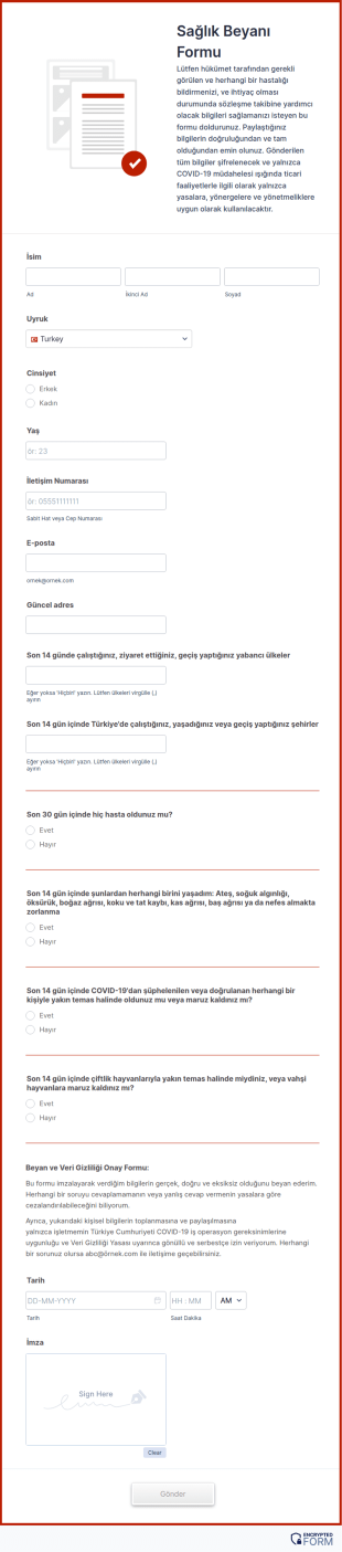 Sağlık Beyanı Form Şablonu
