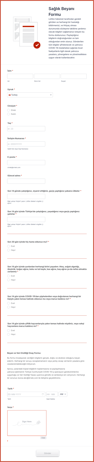 Sağlık Beyanı Form Şablonu