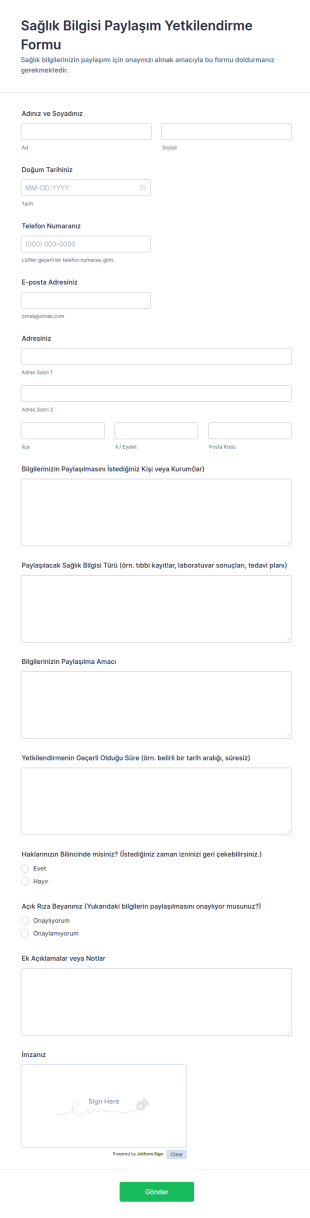Sağlık Bilgisi Paylaşım Yetkilendirme Form Şablonu