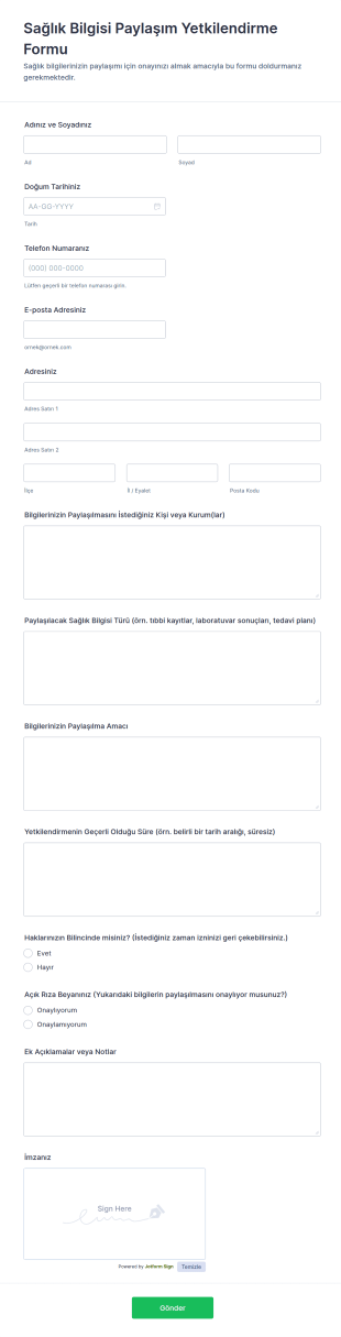Sağlık Bilgisi Paylaşım Yetkilendirme Form Şablonu