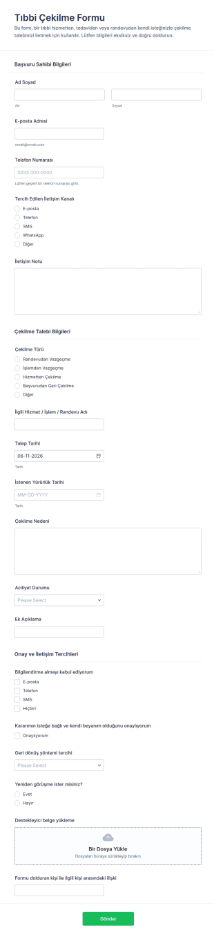 Sağlık Çekilme Form Şablonu
