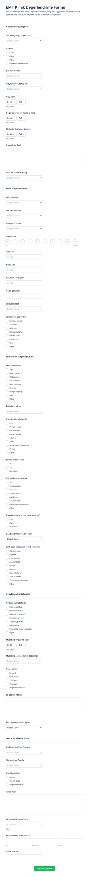 EMT Klinik Değerlendirme Form Şablonu