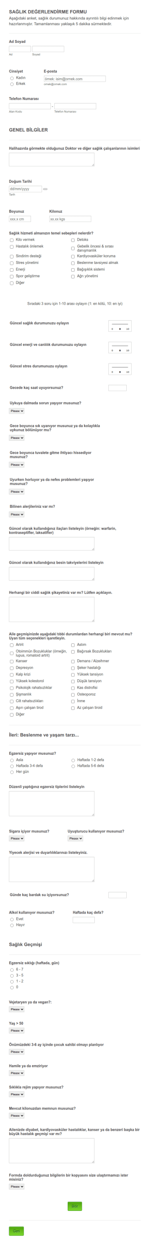 Sağlık Değerlendirme Form Şablonu