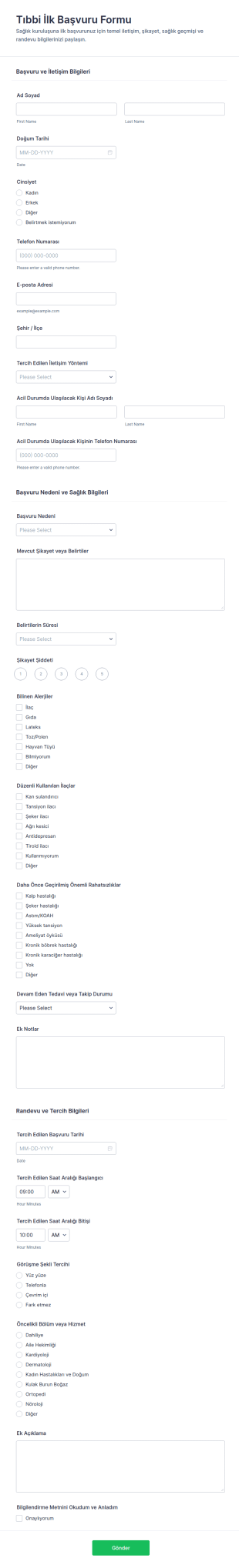 Sağlık İlk Temas Noktası Form Şablonu