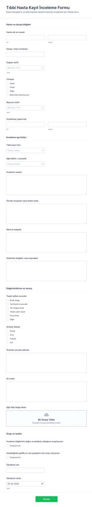 Sağlık Kayıt İnceleme Anketi Form Şablonu