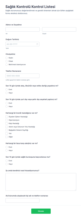 Sağlık Kontrol Listesi Formu 🩺 Form Şablonu