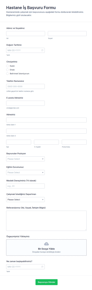 Sağlık Kurumu İş Başvurusu Form Şablonu