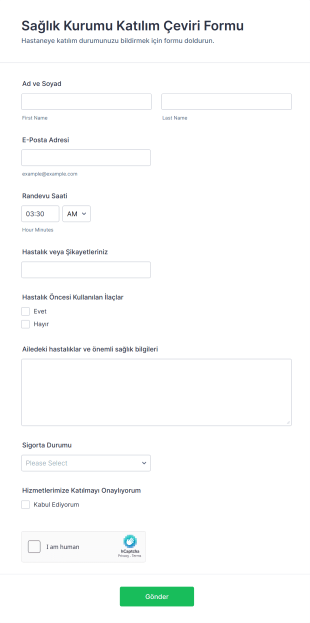 Sağlık Kurumu Katılım Çeviri Form Şablonu