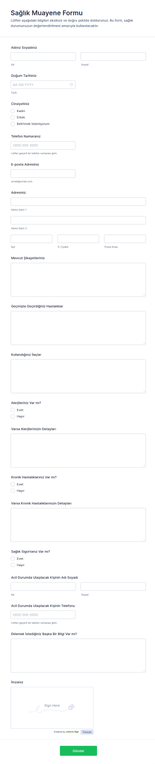 Sağlık Muayene Form Şablonu