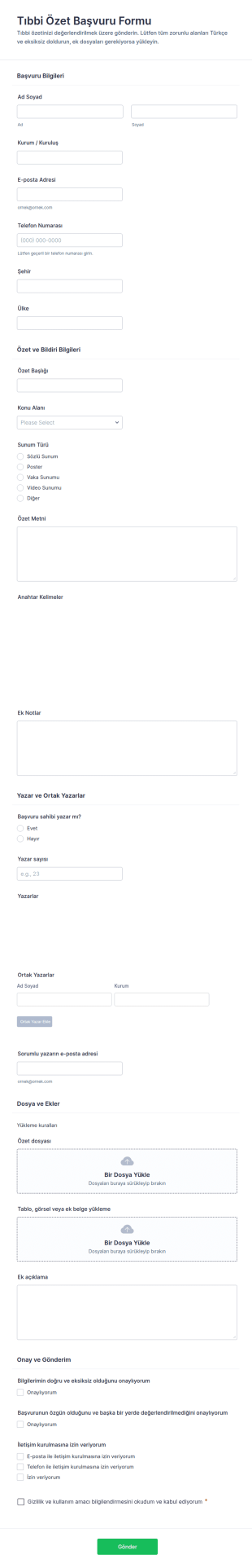 Sağlık Özeti Gönderim Form Şablonu