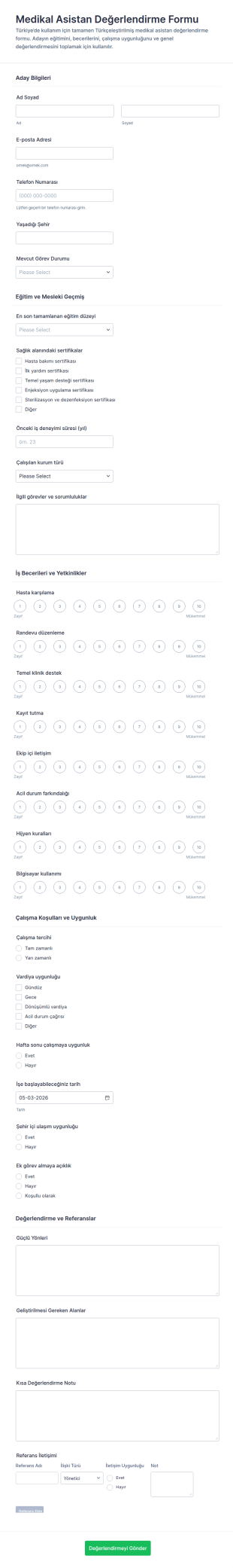 Sağlık Personeli Değerlendirme Anketi Form Şablonu