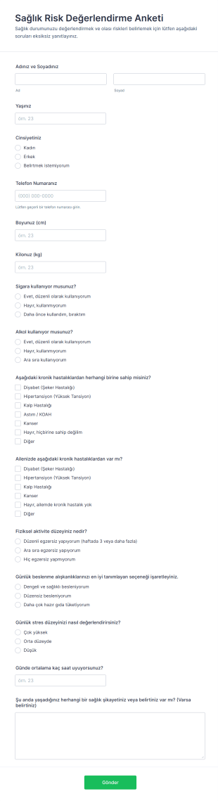 Sağlık Risk Değerlendirme Anketi Form Şablonu