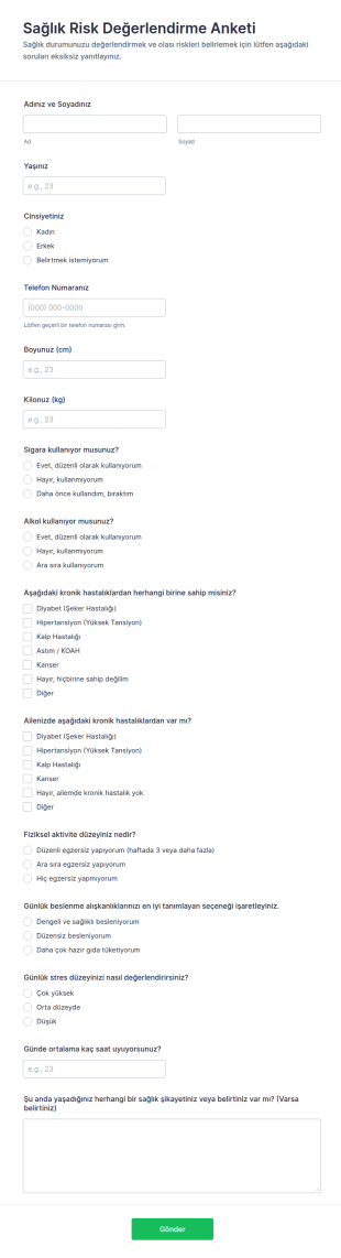 Sağlık Risk Değerlendirme Anketi Form Şablonu
