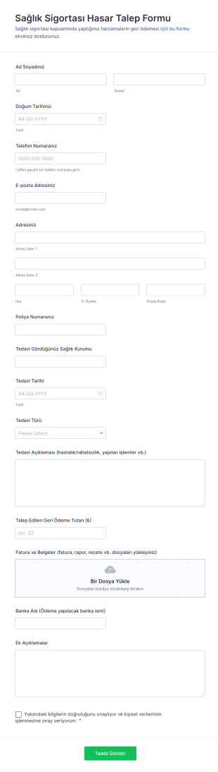 Sağlık Sigortası Hasar Talep Form Şablonu
