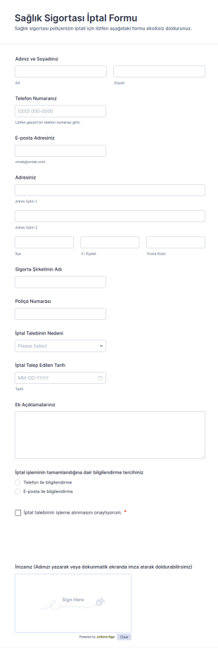 Sağlık Sigortası İptal Talep Form Şablonu