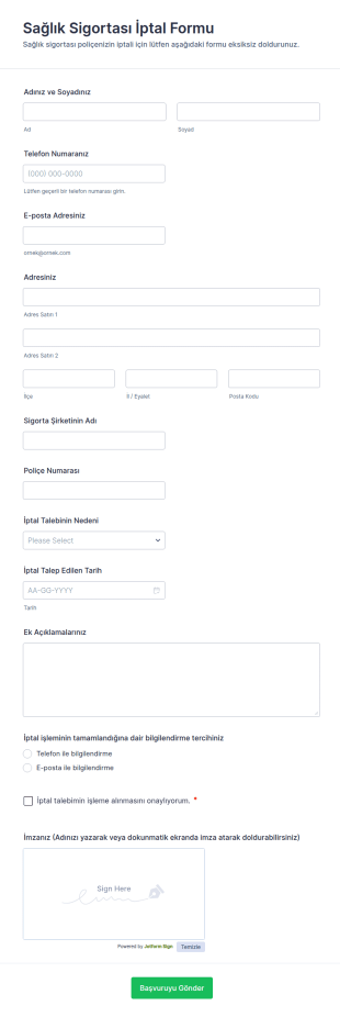 Sağlık Sigortası İptal Talep Form Şablonu