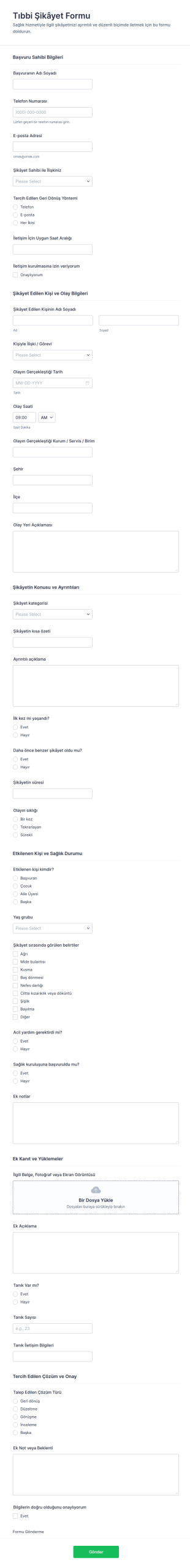 Sağlık Şikayetleri Anketi Form Şablonu