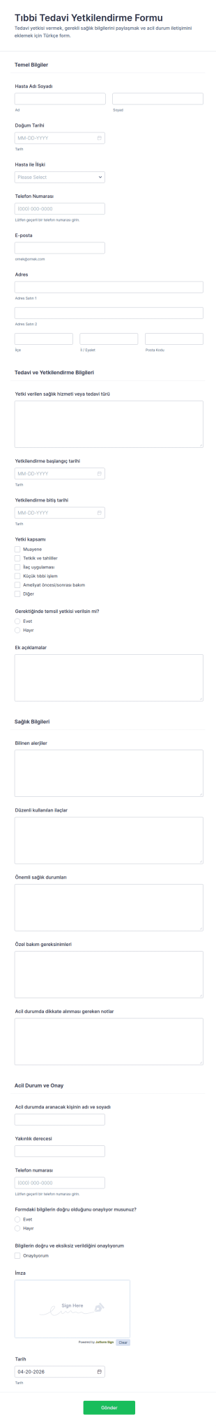 Tıbbi Tedavi Yetkilendirme Form Şablonu