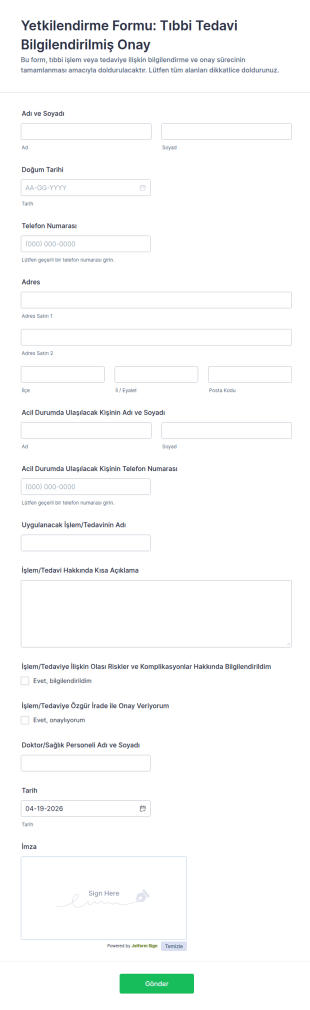 Tıbbi Tedavi Yetkilendirme Form Şablonu