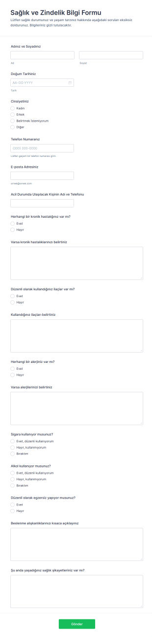 Sağlık Ve Zindelik Bilgi Form Şablonu