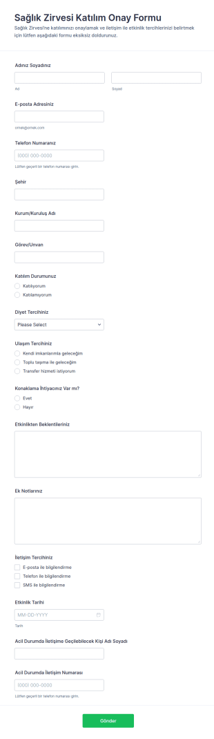 Sağlık Zirvesi Katılım Onay Form Şablonu