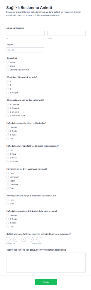 Sağlıklı Beslenme Anketi Form Şablonu