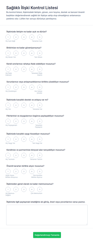 Sağlıklı İlişki Kontrol Listesi Anketi Form Şablonu