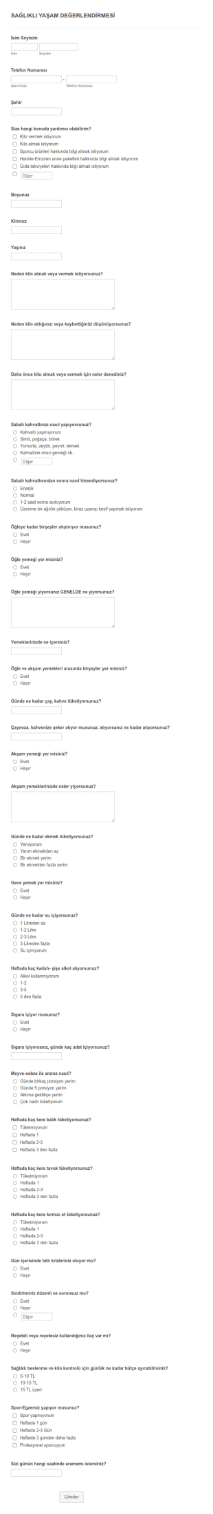 Sağlıklı Yaşam Değerlendirmesi Form Şablonu