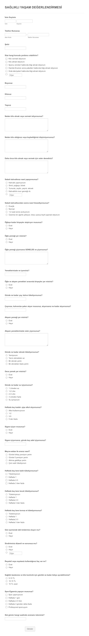 Sağlıklı Yaşam Değerlendirmesi Form Şablonu