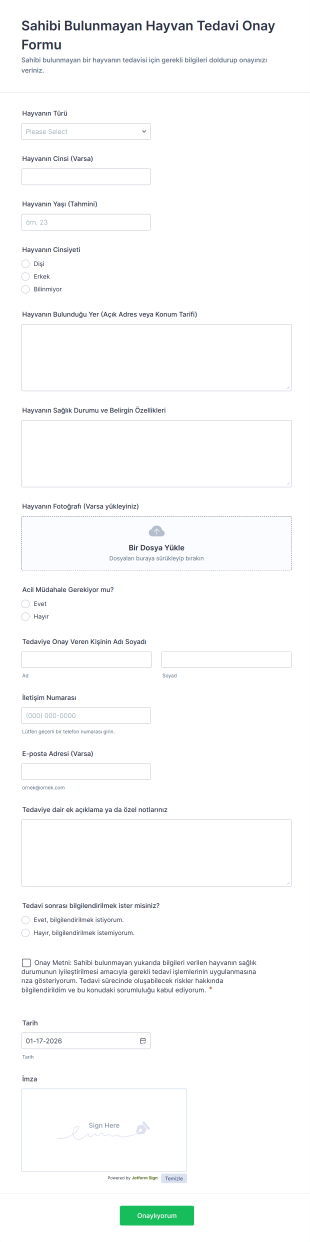 Sahibi Bulunmayan Hayvan Tedavi Onay Form Template