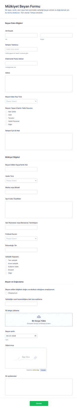 Sahiplik Beyanı Form Şablonu