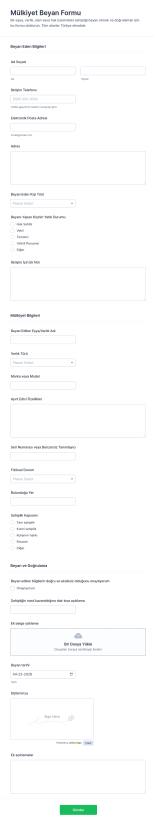 Sahiplik Beyanı Form Şablonu