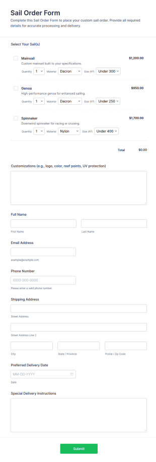 Sail Order Form Template