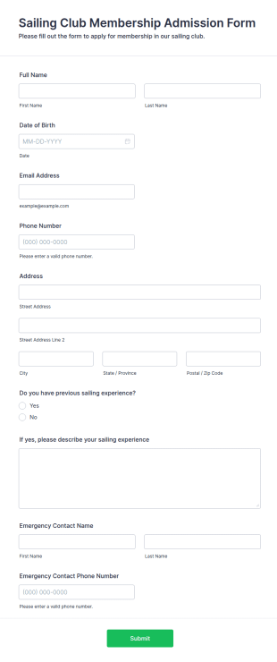 Sailing Club Membership Admission Form Template