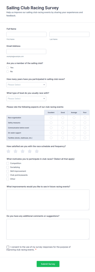 Sailing Club Racing Survey Form Template