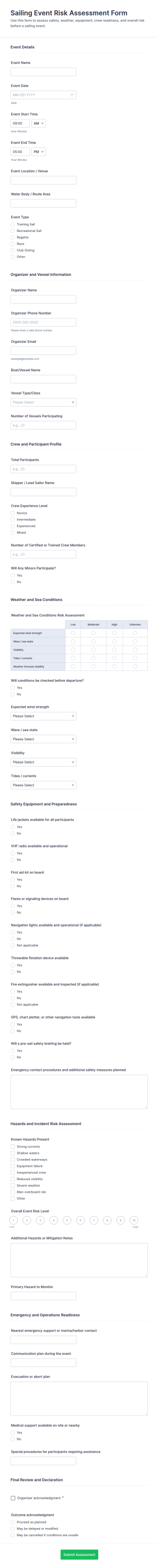 Sailing Event Risk Assessment Form Template