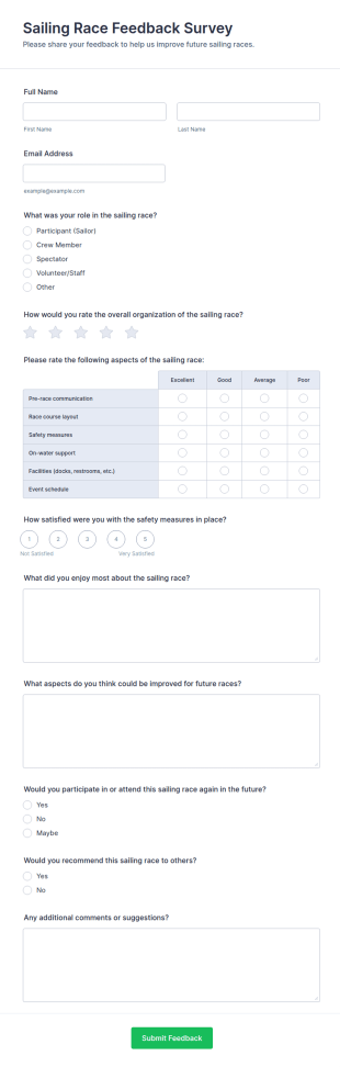 Sailing Race Feedback Survey Form Template