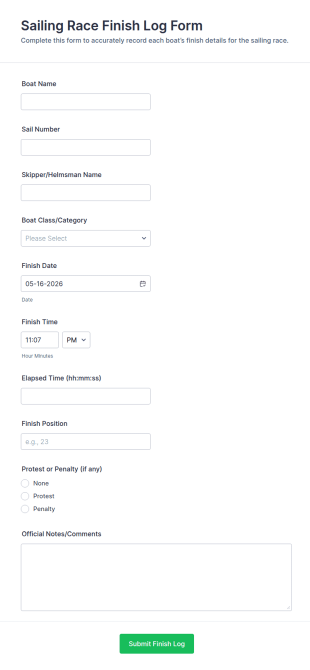 Sailing Race Finish Log Form Template