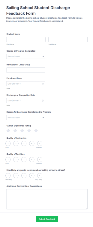Sailing School Student Discharge Feedback Form Template