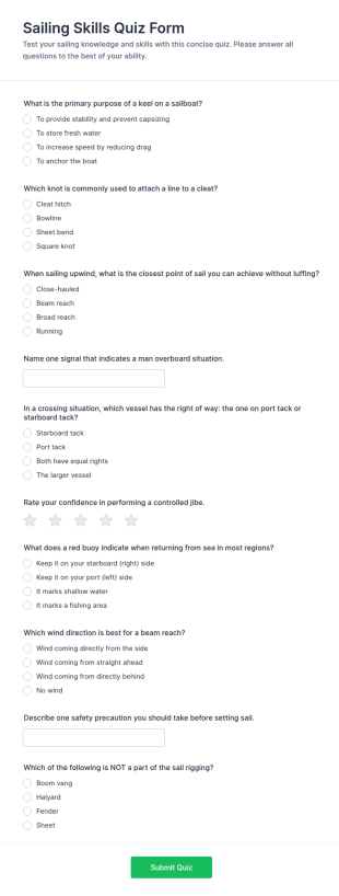 Sailing Skills Quiz Form Template