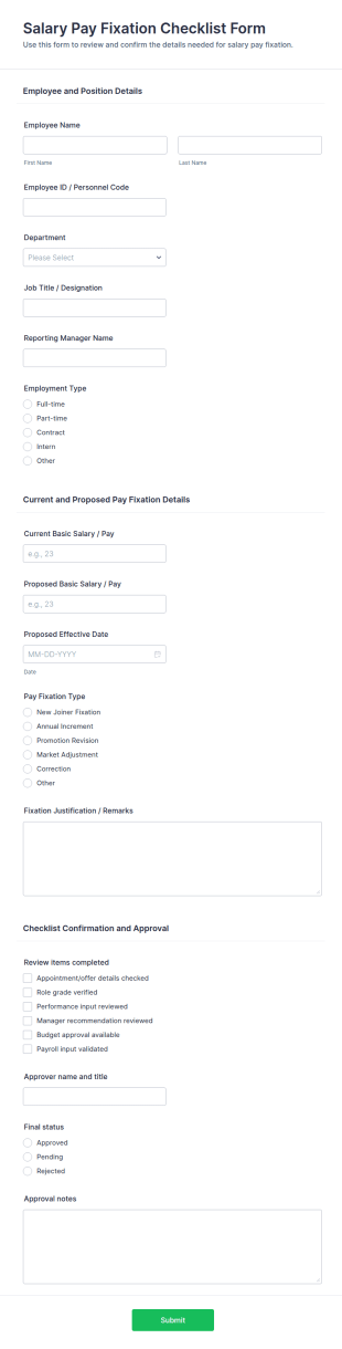 Salary Pay Fixation Checklist Form Template
