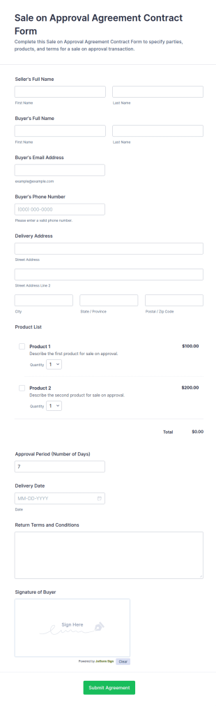 Sale On Approval Agreement Contract Form Template