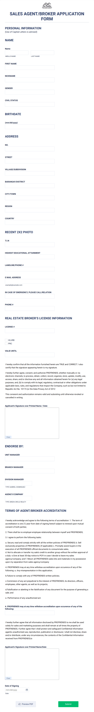 Sales Agent Or Broker Application Form Template