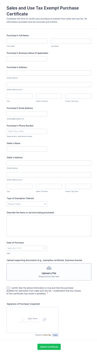 Sales And Use Tax Exempt Purchase Certificate Form Template