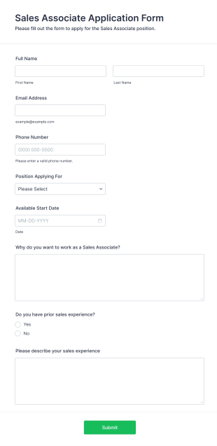 Sales Associate Application Form Form Template