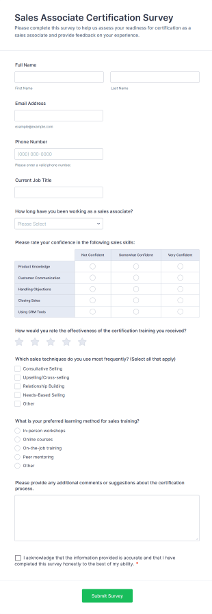 Sales Associate Certification Survey Form Template